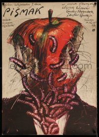 8t521 PISMAK Polish 26x36 '84 creepy Andrzej Pagowski art of man with wormy apple for a head!