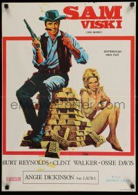 8t424 SAM WHISKEY Yugoslavian 19x27 '69 Burt Reynolds & sexy Angie Dickinson by huge pile of gold!