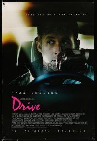 8w215 DRIVE advance 1sh '11 cool image of Ryan Gosling in car, there are no clean getaways!