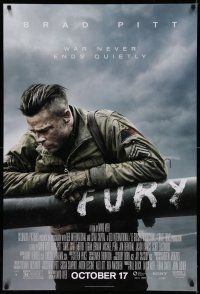 8w293 FURY advance DS 1sh '14 great image of soldier Brad Pitt, war never ends quietly!