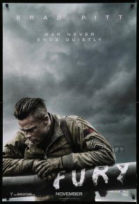 8w294 FURY teaser DS 1sh '14 great image of soldier Brad Pitt, war never ends quietly!