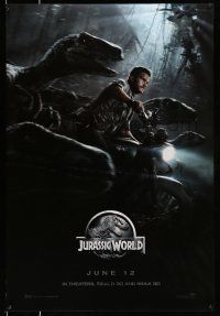 8w454 JURASSIC WORLD teaser DS 1sh '15 Jurassic Park, Chris Pratt on motorcycle w/trained raptors!