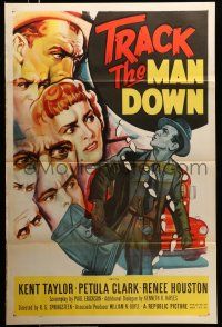 8w796 TRACK THE MAN DOWN 1sh '55 cool art of detective Kent Taylor tracing footsteps, Petula Clark