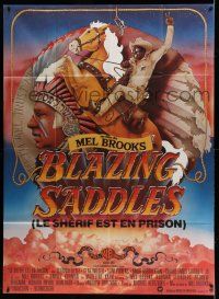 8y808 BLAZING SADDLES French 1p '74 classic Mel Brooks western, art of Cleavon Little on horse!