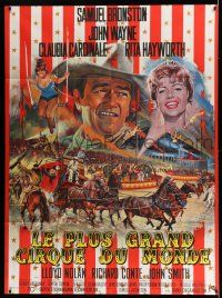8y825 CIRCUS WORLD French 1p '65 best art of Claudia Cardinale & John Wayne by Jean Mascii!