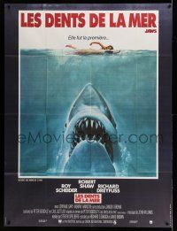 8y882 JAWS French 1p '75 art of Steven Spielberg classic man-eating shark attacking sexy swimmer!