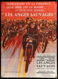 8y987 WILD ANGELS French 1p '66 classic art of biker Peter Fonda & sexy Nancy Sinatra on motorcycle!