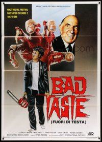 8y450 BAD TASTE Italian 1p '89 Peter Jackson, Maxy art of gruesome hand grabbing boy w/chainsaw!