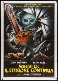 8y527 FRIDAY THE 13th PART V Italian 1p '86 art of Jason with bloody chainsaw & naked victim!