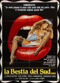 8y593 LA BESTIA DEL SUD Italian 1p '89 Sciotti art of sexy near-naked woman sitting in giant mouth!