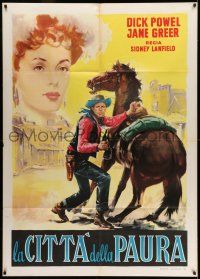 8y718 STATION WEST Italian 1p R60 different art of cowboy Dick Powell by horse + Jane Greer in sky