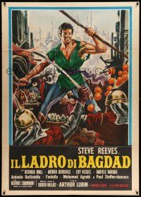 8y737 THIEF OF BAGHDAD Italian 1p R60s cool art of Steve Reeves defying the empire!