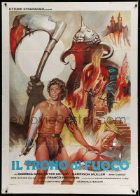 8y738 THRONE OF FIRE Italian 1p '83 cool art of horned bad guy w/ barechested warrior & sexy girl!