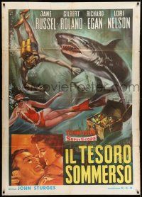 8y758 UNDERWATER Italian 1p R60s Howard Hughes, different art of scuba diver Jane Russell & shark!