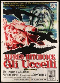 8y309 BIRDS Italian 2p '63 cool different art with director Alfred Hitchcock & attacking birds!