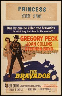 8y121 BRAVADOS WC '58 full-length art of cowboy Gregory Peck with gun & sexy Joan Collins!