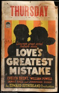 8y208 LOVE'S GREATEST MISTAKE WC '27 silhouette art of William Powell & Evelyn Brent about to kiss!