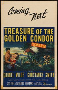 8y280 TREASURE OF THE GOLDEN CONDOR WC '53 art of Cornel Wilde grabbing girl & attacked by snake!