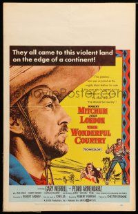 8y293 WONDERFUL COUNTRY WC '59 great close up artwork of Texan Robert Mitchum in sombrero!