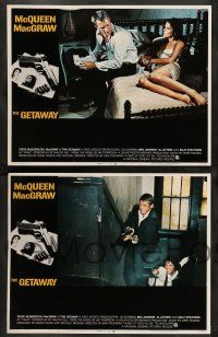 8z201 GETAWAY 8 LCs '72 Steve McQueen with shotgun by burning police car, Sam Peckinpah classic!