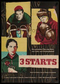 9b016 THREE STARTS East German 23x33 '56 cool sports art of diving, cycling and boxing!