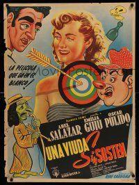 9b060 UNA VIUDA SIN SOSTEN Mexican poster '51 Rene Cardona directed, art of pretty girl & target!