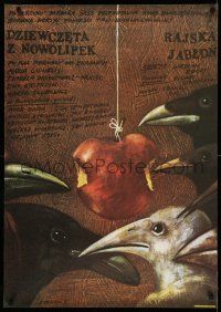 9b541 DZIEWCZETA Z NOWOLIPEK/RAJSKA JABLON Polish 27x38 '80s Pagowski art of birds eating apple!
