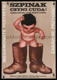 9b514 WHAT WOULD YOU SAY TO SOME SPINACH Polish 23x33 '78 funny Gorka art of baby in too-big boots