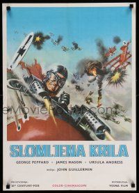 9b407 BLUE MAX Yugoslavian 20x28 '66 artwork of WWI fighter pilot George Peppard in airplane!