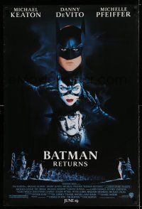 9c095 BATMAN RETURNS white date style advance 1sh '92 Keaton, Danny DeVito, Pfeiffer, Tim Burton!