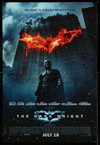 9c171 DARK KNIGHT int'l advance DS 1sh '08 Christian Bale as Batman in front of flaming building!