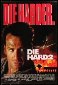 9c194 DIE HARD 2 int'l DS 1sh '90 tough guy Bruce Willis, image of airplane and fire over airport!