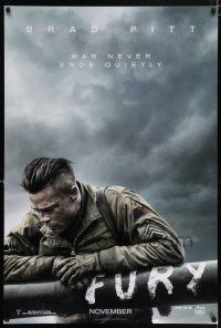 9c253 FURY teaser DS 1sh '14 great image of soldier Brad Pitt, war never ends quietly!