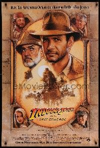 9c352 INDIANA JONES & THE LAST CRUSADE brown style advance 1sh '89 art of Ford & Connery by Drew!