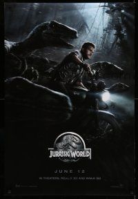 9c394 JURASSIC WORLD teaser DS 1sh '15 Jurassic Park, Chris Pratt on motorcycle w/trained raptors!