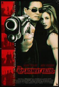 9c587 REPLACEMENT KILLERS DS 1sh '98 cool image of Chow Yun-Fat pointing gun & Mira Sorvino!