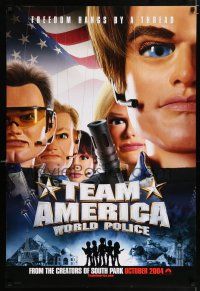 9c731 TEAM AMERICA: WORLD POLICE teaser DS 1sh '04 Parker & Stone, freedom hangs by a thread!