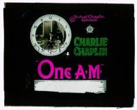 9d101 ONE AM glass slide '17 drunken Charlie Chaplin on floor with dog & tiger skin, ultra rare!