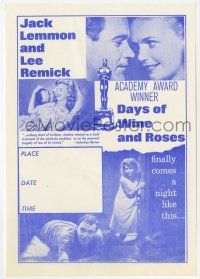 9d320 DAYS OF WINE & ROSES herald '64 Blake Edwards, alcoholics Jack Lemmon & Lee Remick!