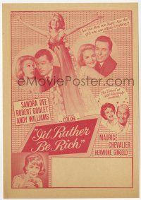 9d362 I'D RATHER BE RICH herald '64 Sandra Dee, Robert Goulet, Andy Williams, Maurice Chevalier!