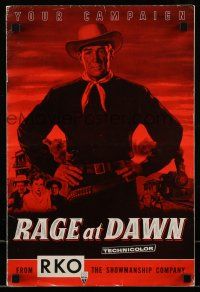 9d610 RAGE AT DAWN pressbook '55 cool artwork of outlaw hunter Randolph Scott by train!