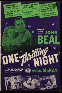 9d590 ONE THRILLING NIGHT pressbook '42 John Beal, pretty Wanda McKay, wacky crime comedy!