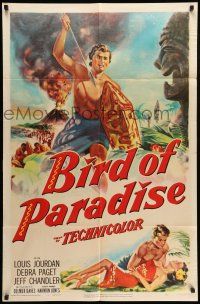 9f093 BIRD OF PARADISE 1sh '51 art of barechested Louis Jourdan & tropical sexy Debra Paget!