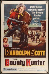 9f110 BOUNTY HUNTER 1sh '54 when the law put up the money Randolph Scott put on his guns!