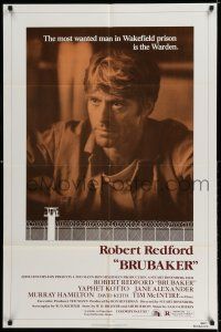 9f118 BRUBAKER 1sh '80 warden Robert Redford is the most wanted man in Wakefield prison!