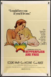 9f124 BUTTERFLIES ARE FREE 1sh '72 cool art of would-be lovers Goldie Hawn & blind Edward Albert!