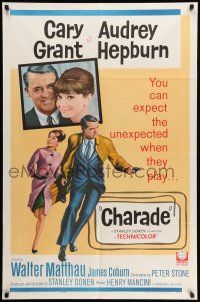 9f141 CHARADE 1sh '63 art of tough Cary Grant & sexy Audrey Hepburn, expect the unexpected!
