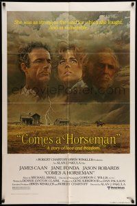 9f155 COMES A HORSEMAN 1sh '78 art of James Caan, Jane Fonda & Jason Robards in sky by McGinnis!