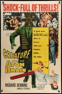 9f165 CREATURE WITH THE ATOM BRAIN 1sh '55 cool sci-fi art of dead man stalking his prey!