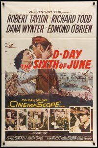 9f183 D-DAY THE SIXTH OF JUNE 1sh '56 art of Robert Taylor & sexy Dana Wynter in WWII!